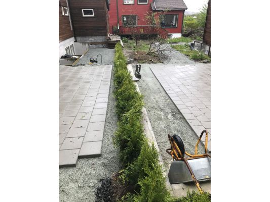 Bilde fra hageprosjekt i Kjerstad, frodig og grønn hekk